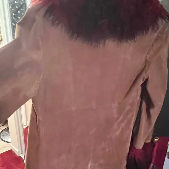 BEBE Tan Suede Jacket with Deep Red Mongolian Fur Trim - Picture 2 of 6